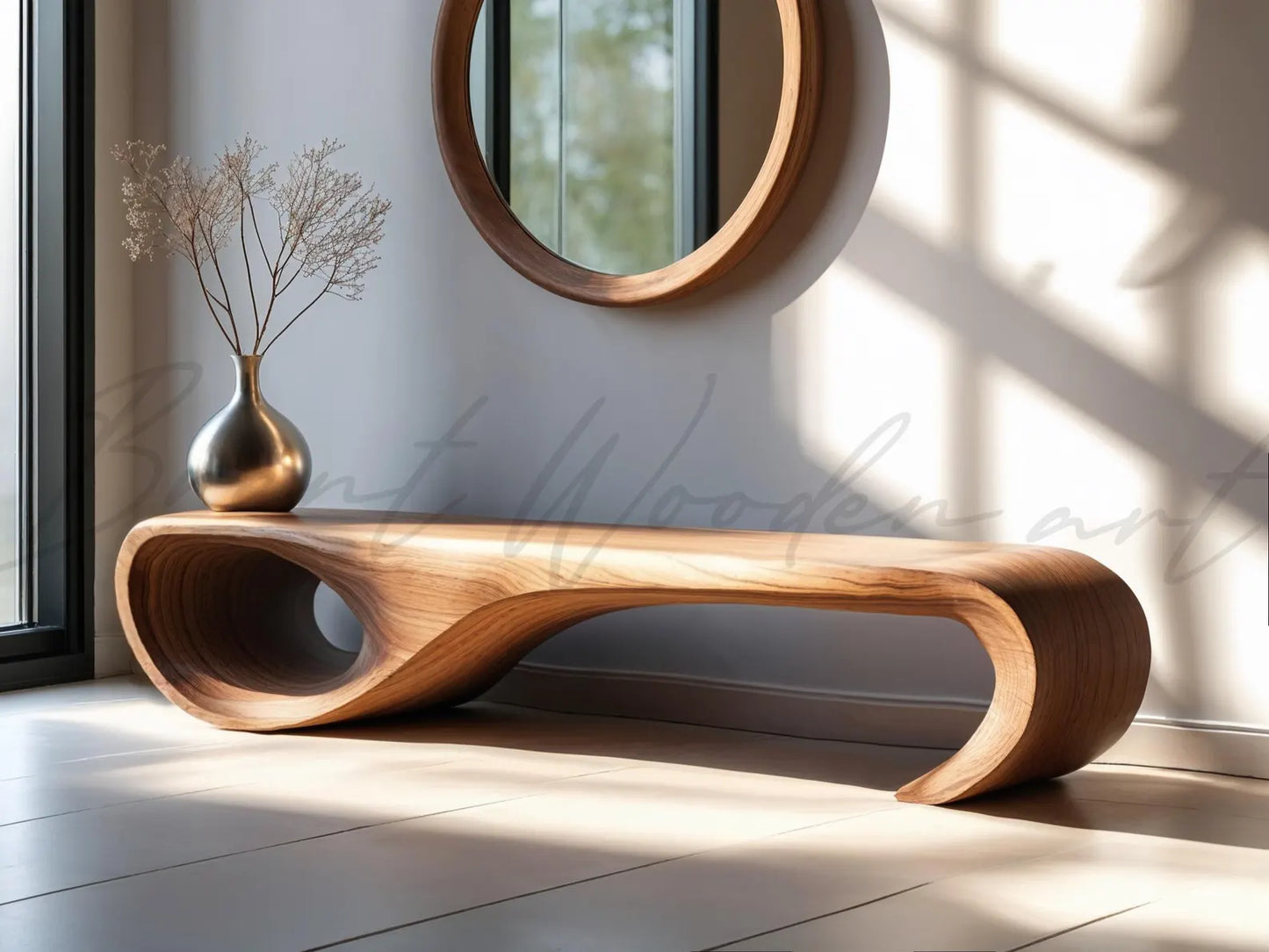 Real Walnut Wood Bench: Mid-Century Modern Entryway Side Table